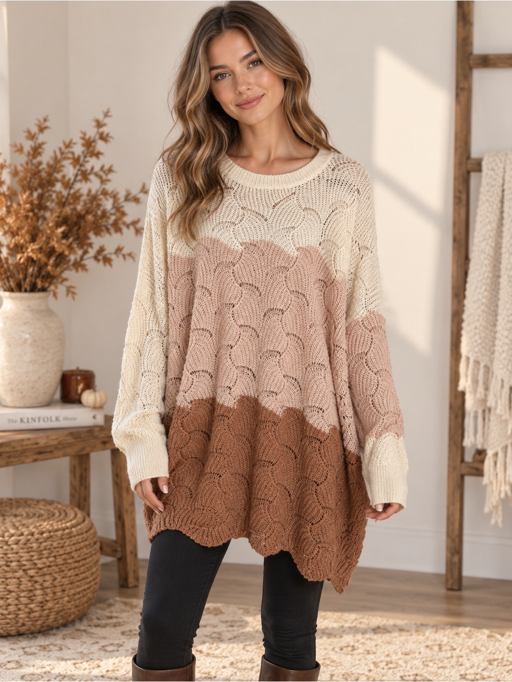 NWT 1.4.3. Story Cream & Brown Gradient Open Knit Sweater Oversized Small